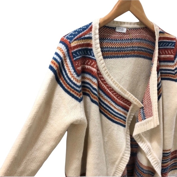 TOBI Annie Fringe Cardigan Drape Front Sweater Ivory Stripe Size M/L LV6291 - Picture 5 of 8